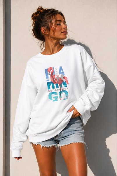BW Bravely Wear Women's Crew Neck 1990 Flamingo Printed Oversize Embroidered Sweatshirt