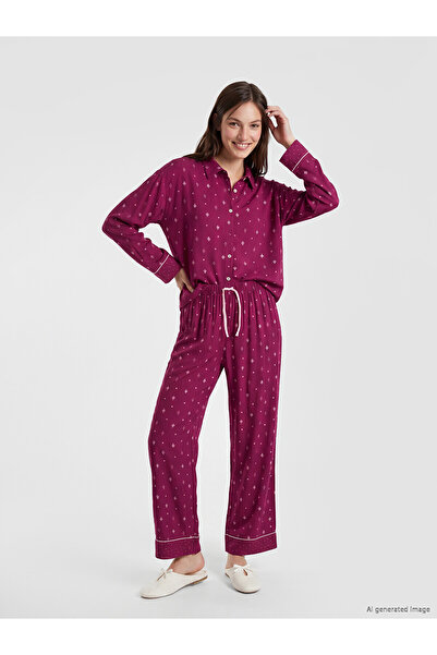 LC Waikiki Lcw Dream Red Shirt Collar Patterned Women's Pajama Set