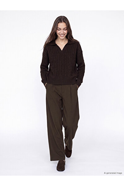 LC Waikiki Lcw Modest Brown Loose Fit Women's Pleated Fabric Trousers