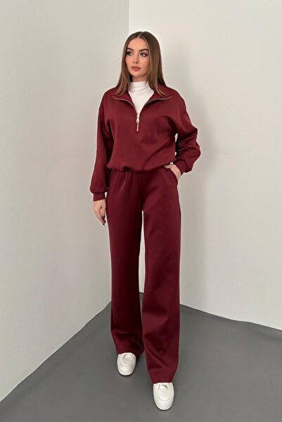 Elbee Fashion Woman Burgundy Zipper Detailed Scuba Suit