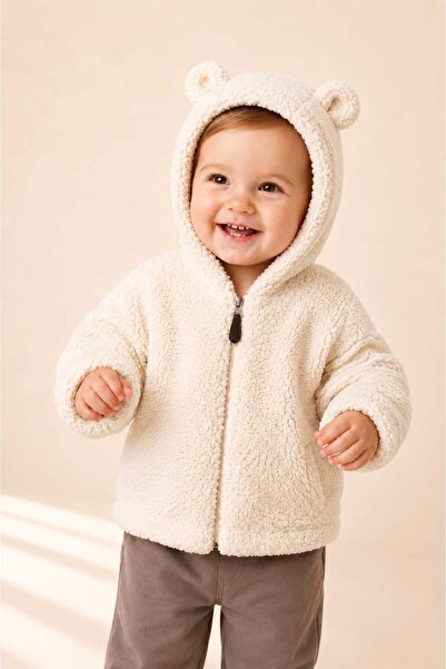LİLİYUM Bebek Unisex Teddy Ayıcık Kulaklı Kapüşonlu Peluş Hırka Fermuarlı Yum...