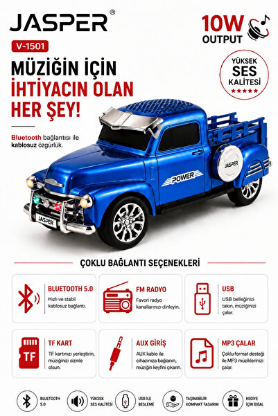 JASPER JPR-1501 Mavi 10W Bluetooth Hoparlörlü Retro Kamyon Tasarım – FM Radyo...