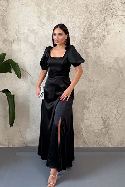 Elbee Fashion Woman Women's Black Satin Slit Dress