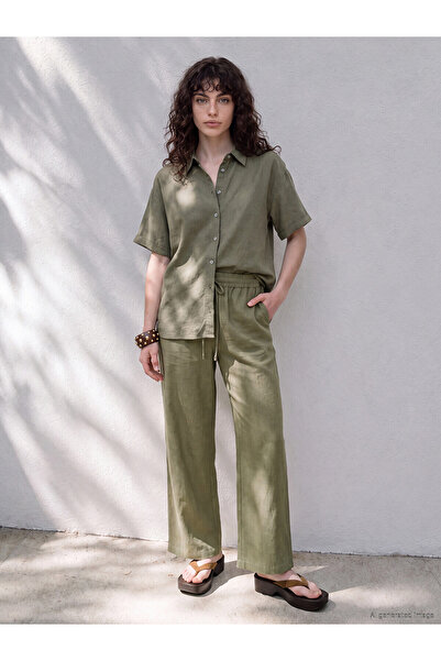LC Waikiki Lcw Petite Khaki Elastic Waist Linen Blend Women's Trousers
