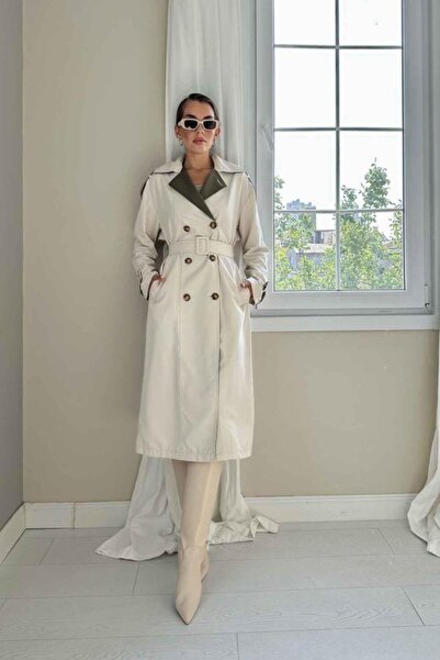 Elbee Fashion Woman Beige Garnished Trench Coat
