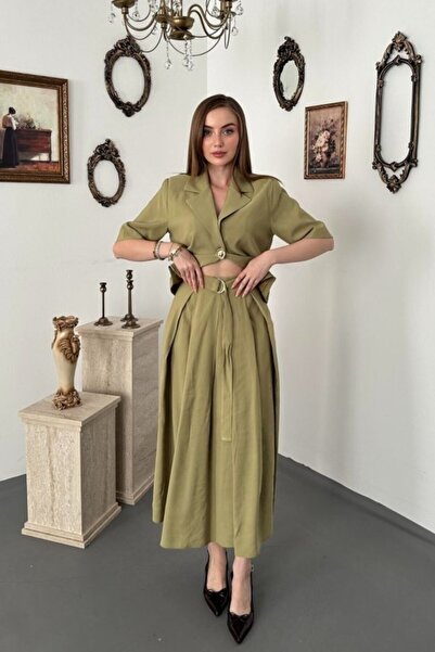 LUMU Set verde cu jachetă scurtă și fustă, cu un singur nasture
