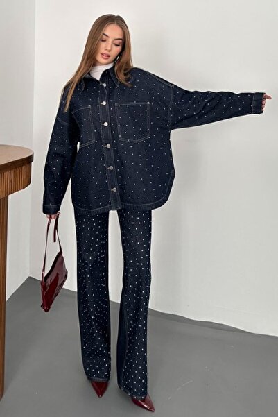 LUMU Navy blue denim suit with stone detail