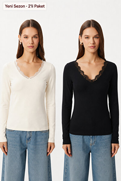 Lovelyİstanbul 2-Pack Lace Knitted Blouse Ldz0081 Black Bone