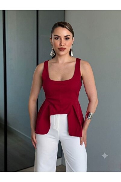 solena sln Kadın Kare Yaka Kalın Askılı Peplum Bluz
