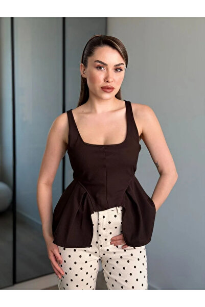 solena sln Kadın Kare Yaka Kalın Askılı Peplum Bluz