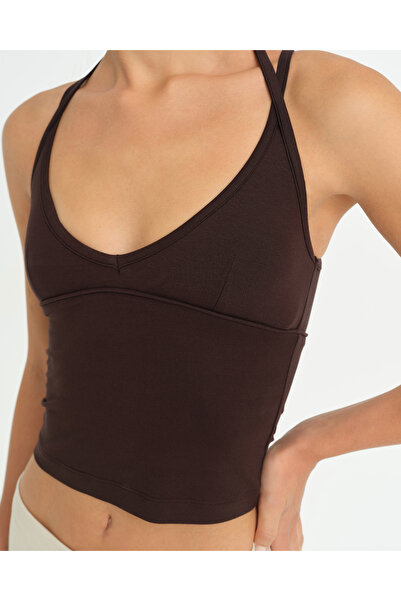 Ayma Active Kahverengi EcoVero™ Viskoz Göğüs Pedli Boyundan Bağlamalı Çift Askılı Halter Bluz