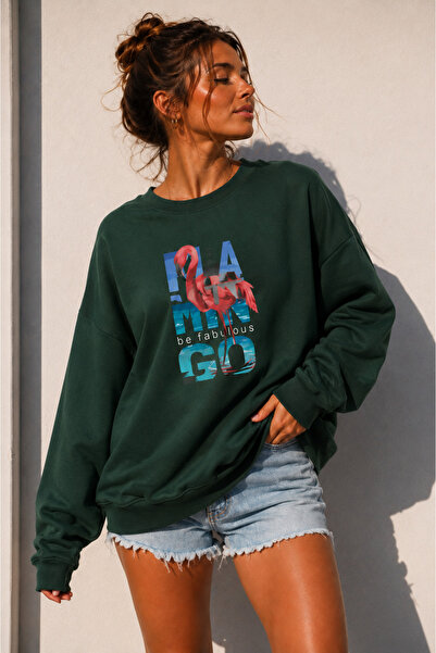 BW Bravely Wear Women's Crew Neck 1990 Flamingo Printed Oversize Embroidered ...