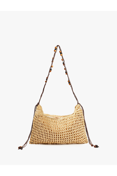 Koton Bead Detailed Long Strap Textured Straw Tote Bag