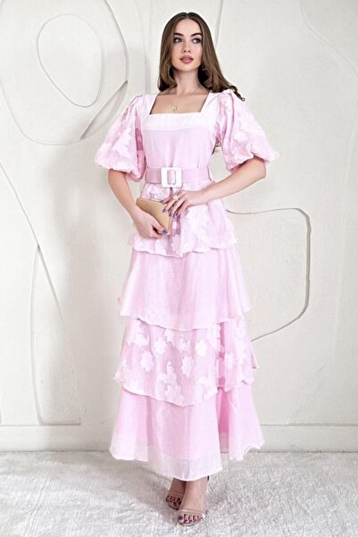 Elbee Fashion Woman Pink Balloon Sleeve Detailed Layered Floral Dress
