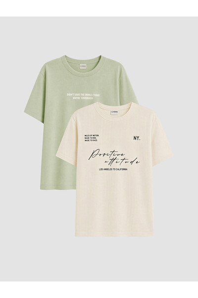 LC Waikiki Lcw Kids Beige Printed Boys' T-Shirt 2-Pack