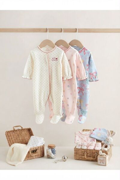 Next Baby Pamuklu Pembe Beyaz Baskılı 3'lü Tulum Set