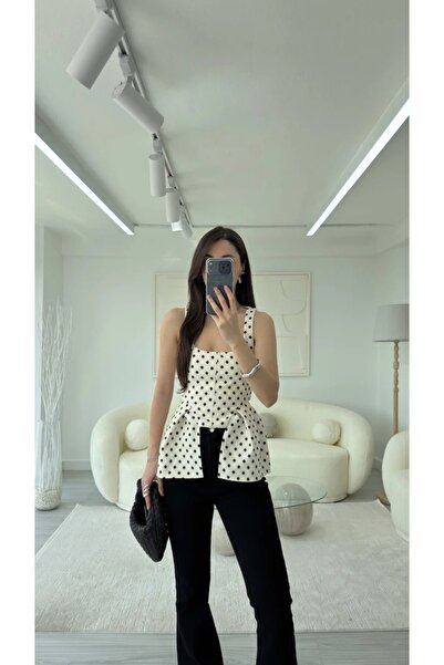 solena sln Kadın Kare Yaka Puantiyeli Peplum Bluz