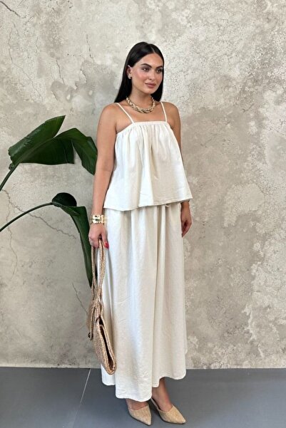 Elbee Fashion Woman Set bluză și fustă bej cu volane