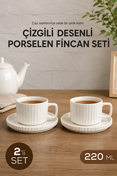 Vienev Set de cești de ceai din porțelan alb cu dungi pentru 2 persoane, 220 ...