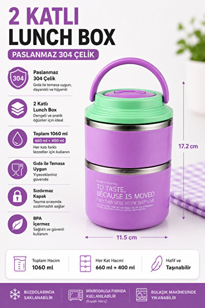 Entude 2 Katlı 304 Paslanmaz Çelik Lunch Box Okul Beslenme Yemek Kabı Sızdırmaz Sefer Tası 1060 ml