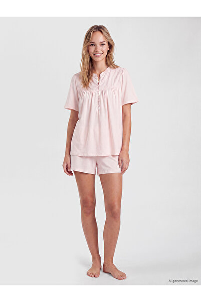 LC Waikiki Lcw Dream Pink Embroidered Collar Maternity Shorts Pajama Set
