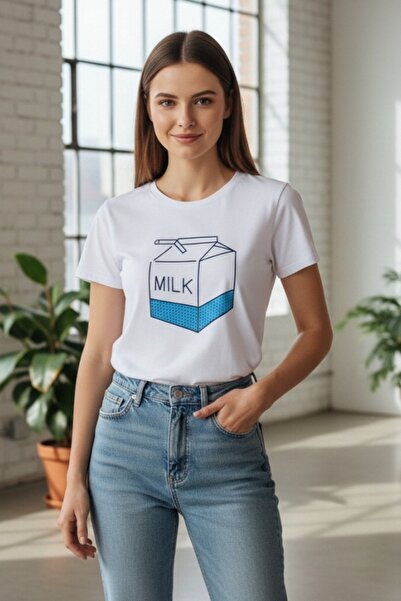 OEM Tricou de damă cu imprimeu minimalist cu model de cutie de lapte  "MILK "...