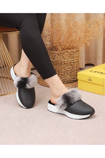 layki Virel Stretch Furry Black and White Women's Sabo Slippers