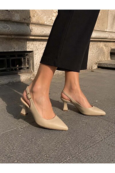 asmi shoes Women's Teresa Cream Skin Pointed Toe Open Back 8 cm Heeled Shoes