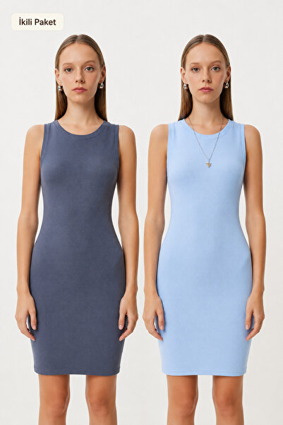 Lovelyİstanbul Pack of 2 Basic Ribbed Knitted Mini Dress Lub0392 Anthracite S...