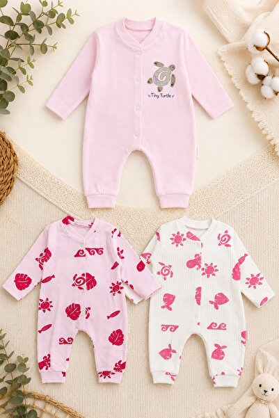Beniizle Tiny Turtle Patterned 3-Piece Baby Girl Jumpsuit