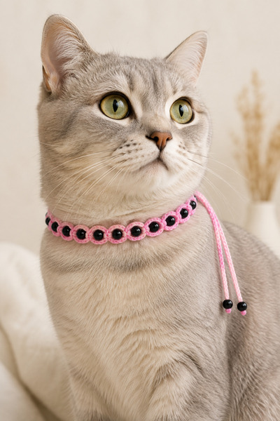 NEHOLİA Hand Knitted Cat Neck Accessory Pink Black Beaded Handmade Cat Collar...
