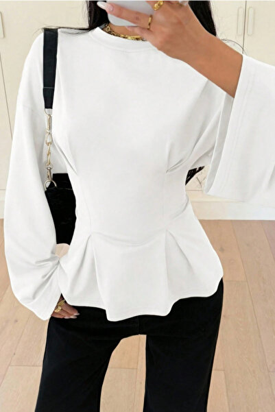 Tarz Cool Women's Pilet Waist Fitted Peplum Detailed Long Sleeve Blouse