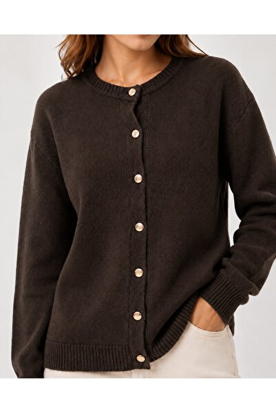 Bracha Crew Neck Gold Button Detailed Basic Knitwear Cardigan