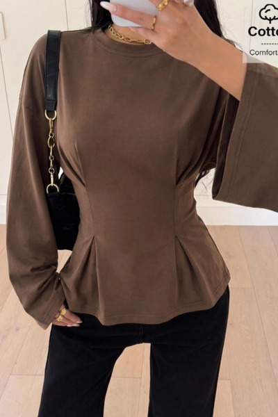 Tarz Cool Women's Pilet Waist Fitted Peplum Detailed Long Sleeve Blouse