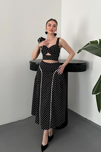 Elbee Fashion Woman Black Low-Cut Flounce Blouse Skirt Set