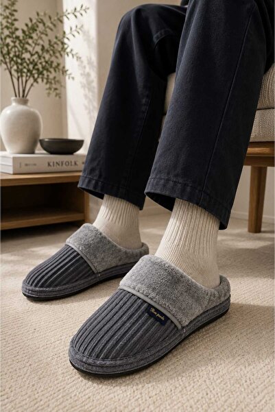 Slipcat Men's Corduroy Plush Wool Inside Non-Slip Sole Warm Home Slippers