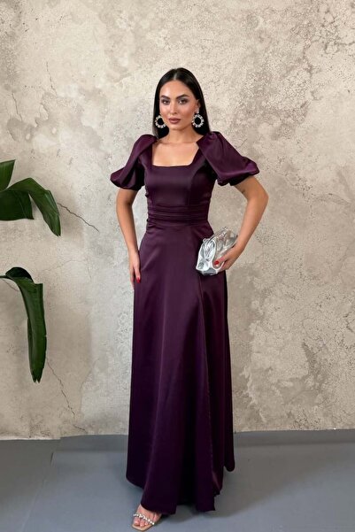 LUMU Rochie de damă din satin prună cu șliț