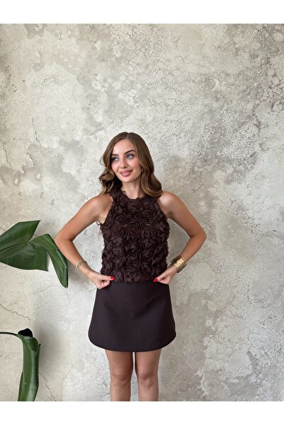 Elbee Fashion Woman Brown Rose Blouse