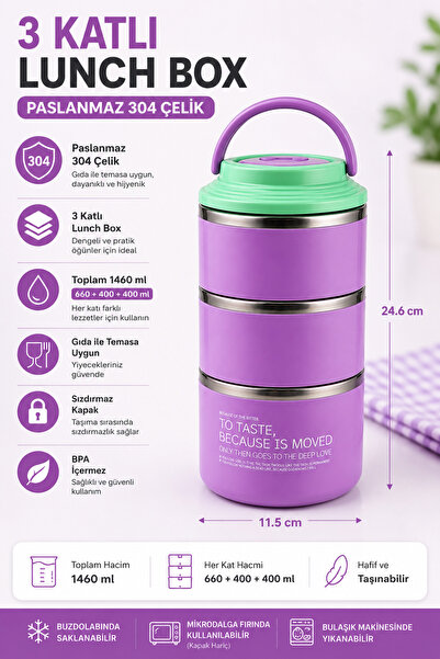 Entude 3 Katlı 304 Paslanmaz Çelik Lunch Box Okul Beslenme Yemek Kabı Sızdırmaz Sefer Tası 1460 ml