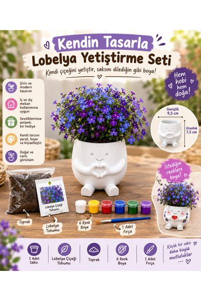 Regislunart Kendin Tasarla Saksı Seti, Dekoratif Plastik Saksı, Çiçek Yetiştirme Seti, Boyama Seti, Hobi Seti, Çiçek Tohumu, Toprak, 6 Renk Boya ve Fırça