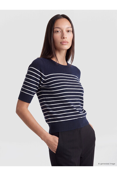 LC Waikiki Lcw Everyday Navy Blue Crew Neck Striped Women's Knitwear Sweater