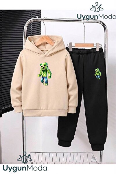 UygunModa Single Green Shape Printed Hooded Thick Cotton Inside Padding Track...