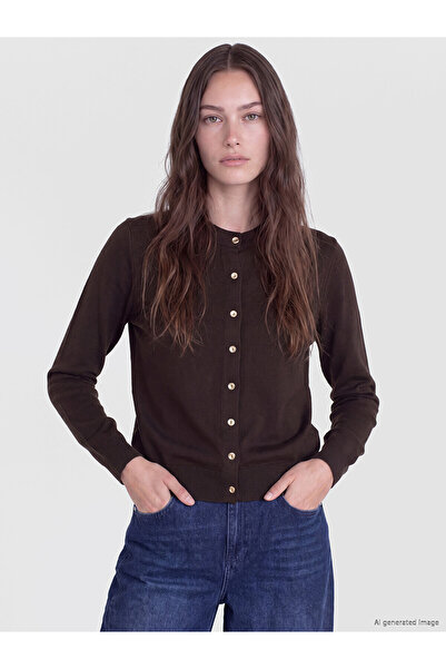 LC Waikiki Lcw Modest Brown Crew Neck Women's Knitwear Cardigan