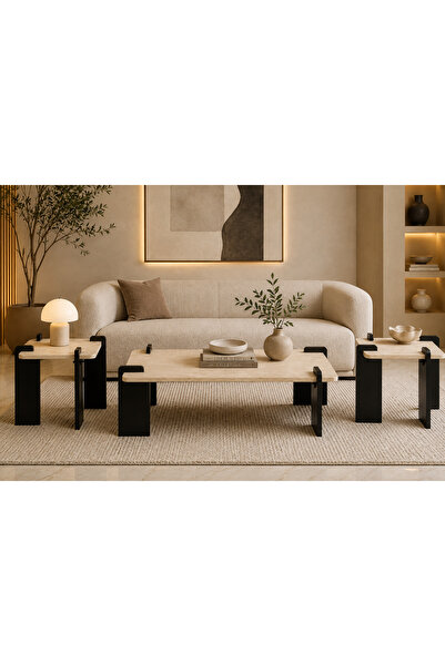 N.zone طقم طاولات قهوة جانبية عصرية 3 قطع بتصميم هندسي أنيق، طاولة وسط 130×70...