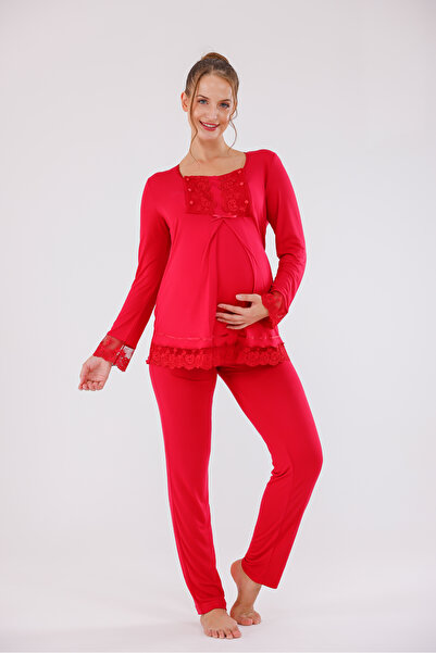 Yulem Homewear Cherry Special Lace Detailed Design Cotton Long Sleeve Materni...