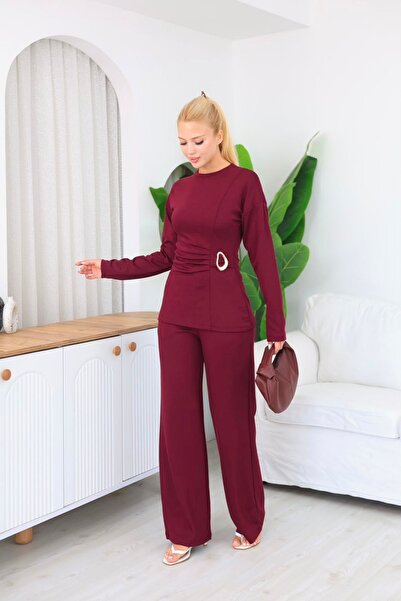 moda poni Women's Plum Buckle Drawstring Blouse and Pants 2-Piece Set