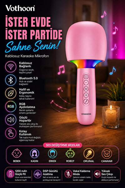 Vothoon Çocuk ve Yetişkin Karaoke Mikrofonu Kablosuz RGB Ambiyans Işığı Ses Değiştirme Modlu Hoparlör