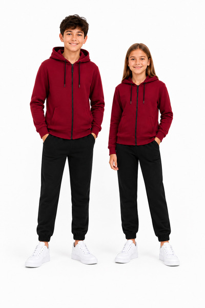 TRENDHİLL Unisex Children's Hooded Collar Tracksuit Set Claret Red-310