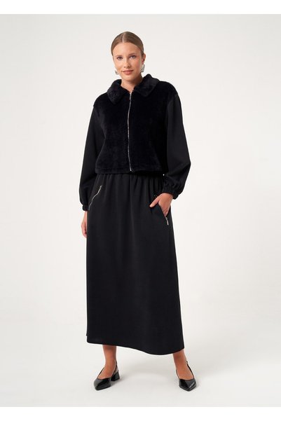 FTZ WOMEN Women's Plush Detailed Skirt Suit Black 31527