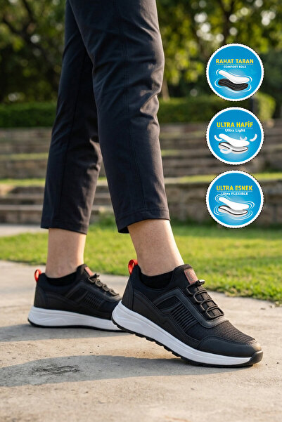WALKWAY Black-Red Mesh Elastic Laces Comfortable Sole Unisex Walking and Spor...